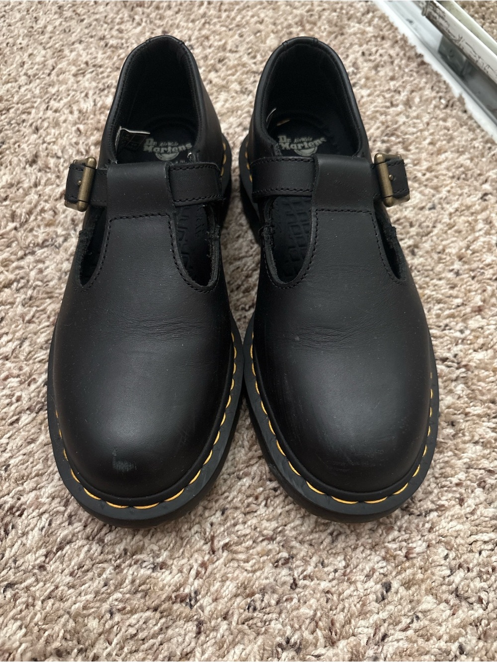 Dr. Martens Black Leather T-Bar Mary Jane Boots with Yellow Stitching